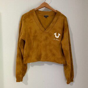 True Religion Womens Size M Cropped Sweatshirt Yellow Brown Collegiate Yoga